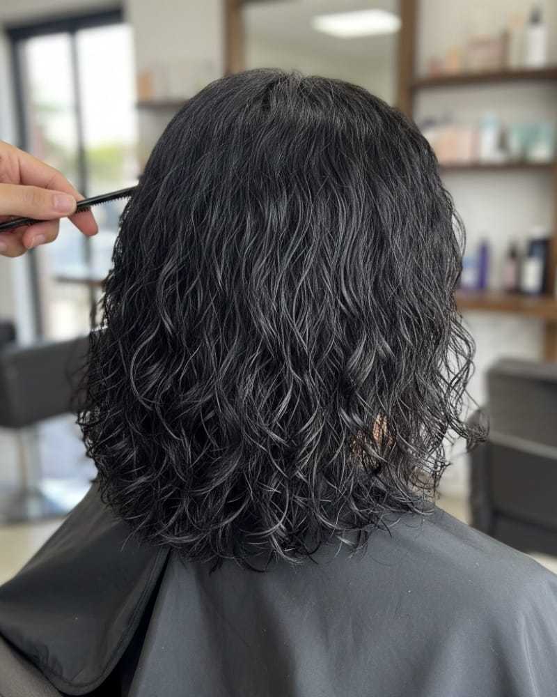 Curly black hair being combed in a salon setting.